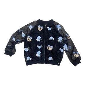 NEW Teenie Weenie Sheer Mesh Bomber Jacket S Black Teddy Bear Embroidered Small